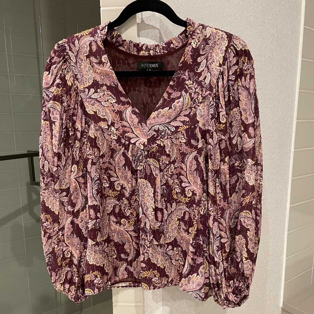 Intermix - Maroon & Beige Paisley Long Sleeve Blouse